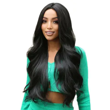 ALAN EATON 여성용 긴 몸체 웨이브 합성 가발, 앞머리 내추럴 블랙 헤어 가발, 중간 부분 내열성 섬유, 일상 사용 상품 이미지