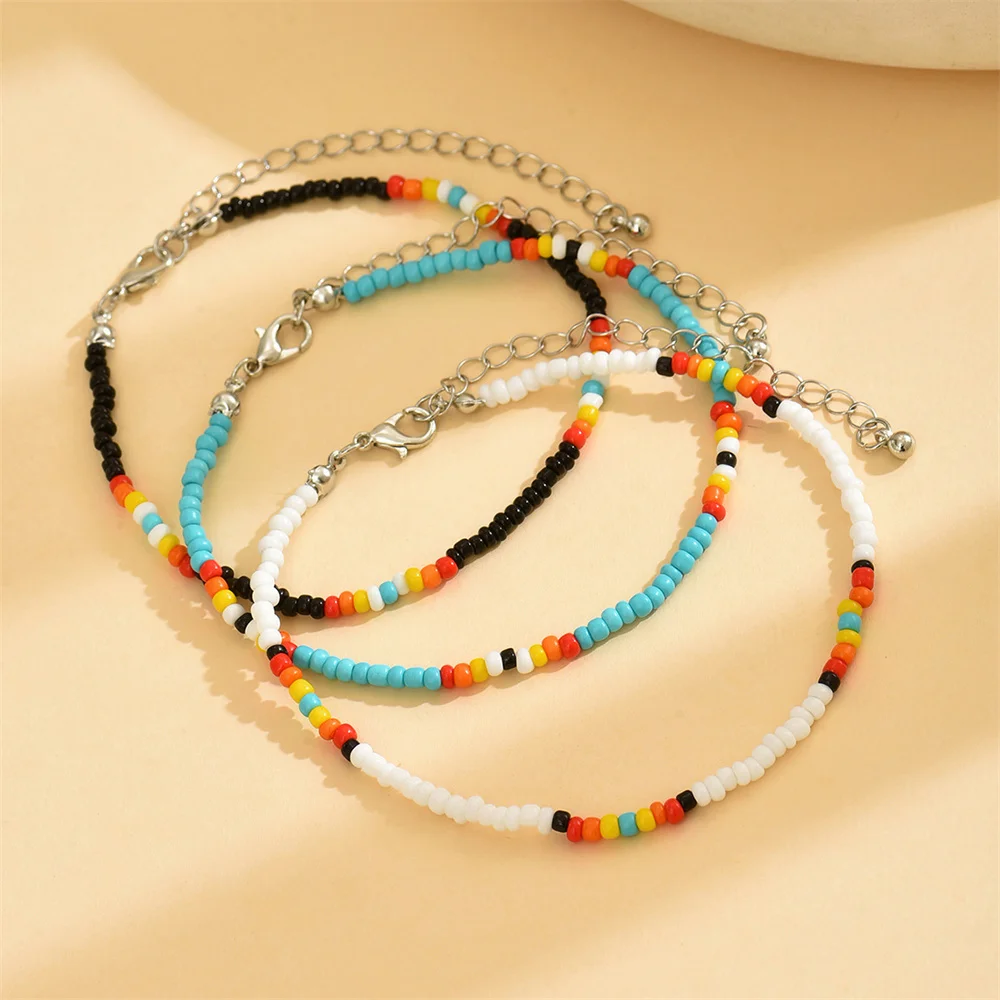 3pcs/Set Multicolor Rice Beads Anklets For Women Silver Color Rainbow Foot Chain Ankle Bracelet Beach Jewelry Summer Accessories