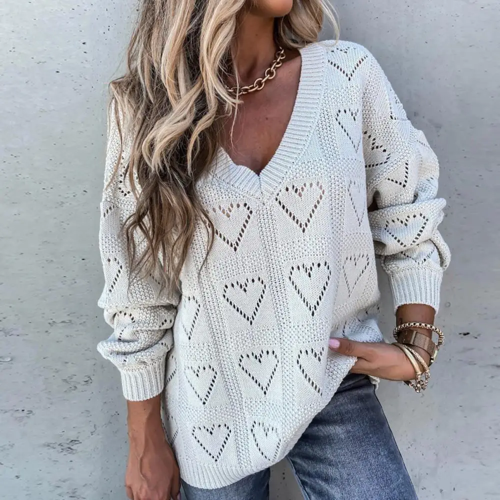 

V-Neck Pullover Sweater Women Autumn Winter Love Heart Hollow Crochet Sweater Print Loose Knitwear Jumper Women's Clothing