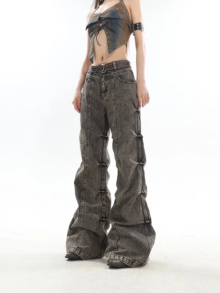 Jeans Women American Style Side Pleated Washed Distressed Denim Trousers High Street Hip Hop Advanced Autumn Hotsweet Girls Chic