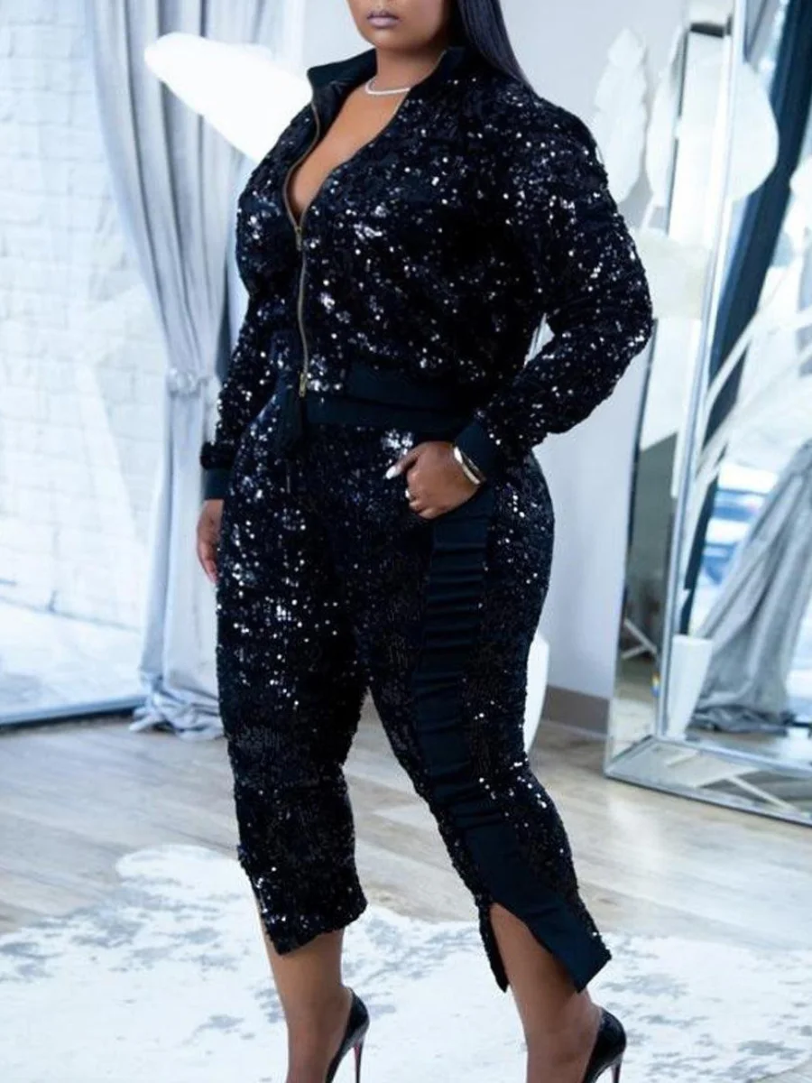 S348e436667c349f08238fe28337b8f46Q Plus Size Two Pieces Sets Velvet Sequined Zipper Design top coat Pants Set Fashion party Evening women's matching set Mallzona