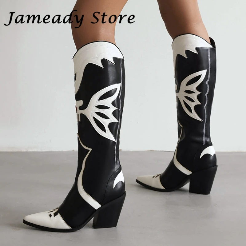 

Women Western Cowboy Boots Chunky Heel Knee High Boots Lady Pointed Toe British Boots Winter Shoes Fashion Pattern Long Botas