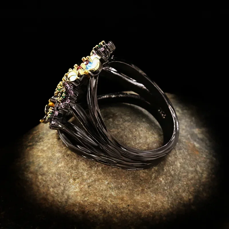 Ladies 925 Silver Black Gold Ring Color Flower Ring Zircon Jewelry Handmade Enamel Exaggerated Flower silver rings silver ring gold plated silver ring rose flower ring