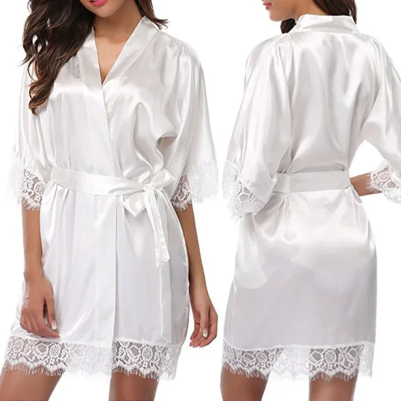 

Silk Satin Nightdress For Women Night Robe Sexy Lingerie soft Sleepwear Smooth Lace Robe Dress Nightgown Bathrobe ladies Pajamas