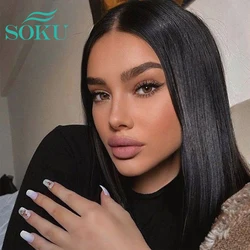 Short Bob Lace Front Wigs Synthetic Lace Wig For Afro Black Women SOKU Dark Brown Daily Middle Part Hair Bob Straight Lace Wig