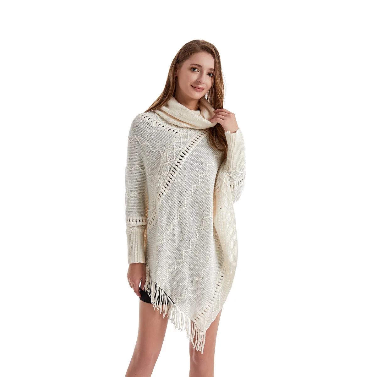 Women Spring Autumn Shawl Lady Knitted Wrap Solid Color Pullover with Sleeves Loose Turtleneck Sweater with Tassels Fall Poncho