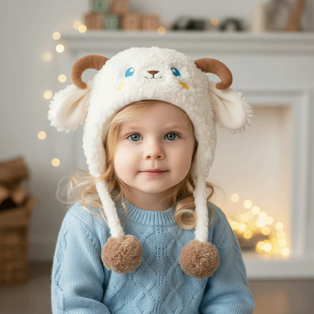 Cartoon Lamb Beanie Caps Thickened Kawaii Children's Pullover Hats Keep Warm Windproof Baby Ear Protection Hat Autumn and Winter