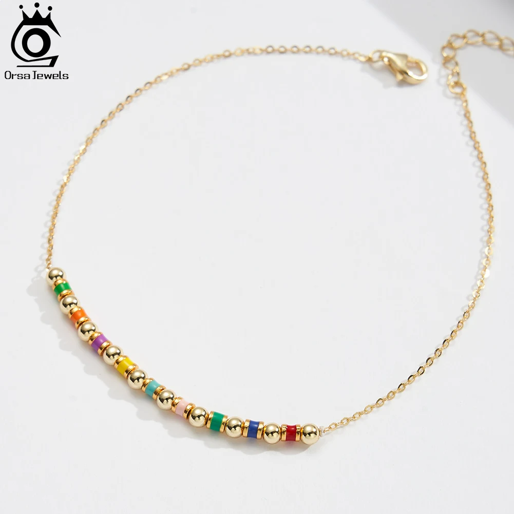 ORSA JEWELS 14K Gold Colourful Round Beads Anklet for Women 925 Sterling Silver 1mm Cable Link Chain Foot Bracelet Anklets SA94