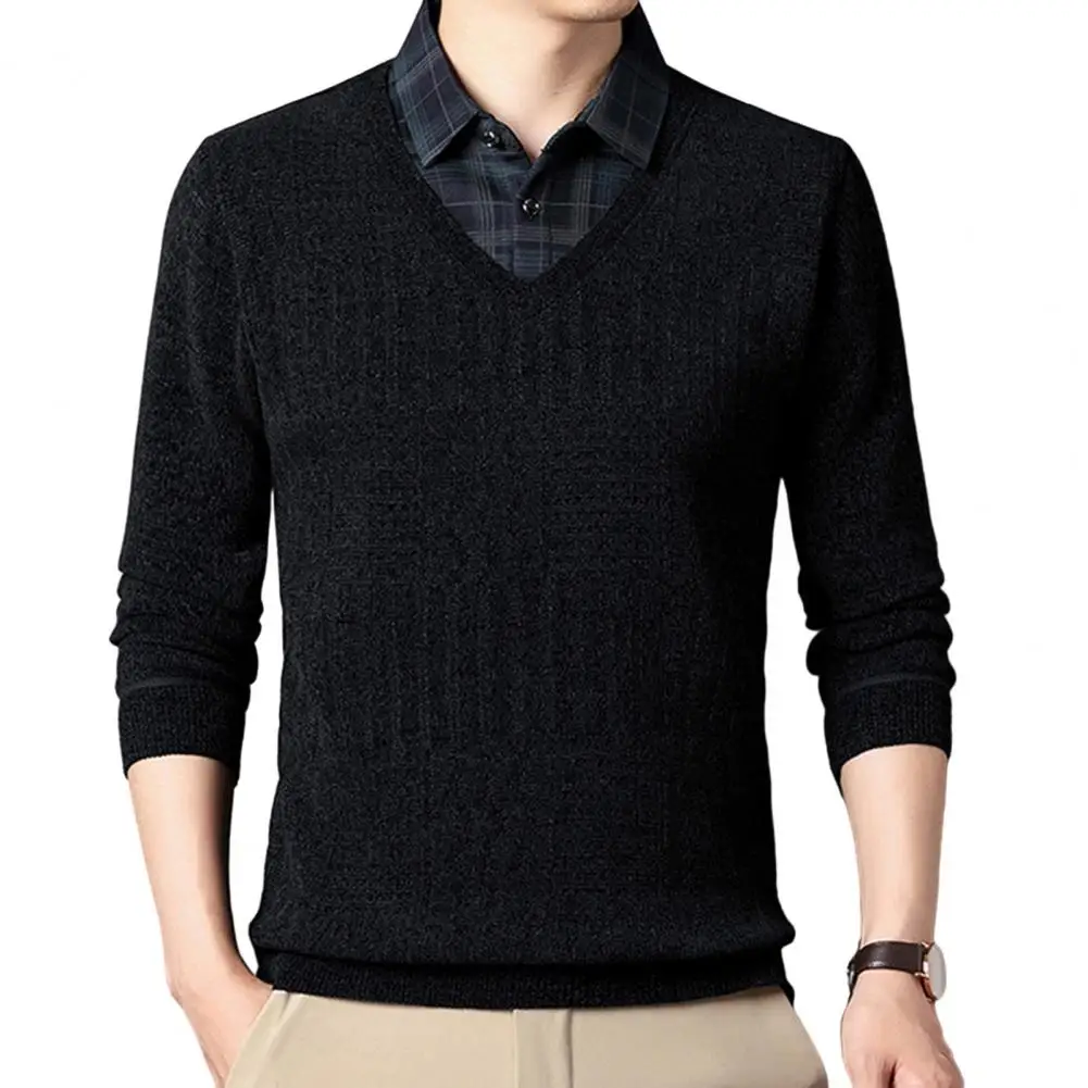 

Men Shirt Plaid Print Mid-aged Men's Sweater with Thick Plush Warmth Button Elastic Pullover for Fall Winter Long Sleeve Lapel