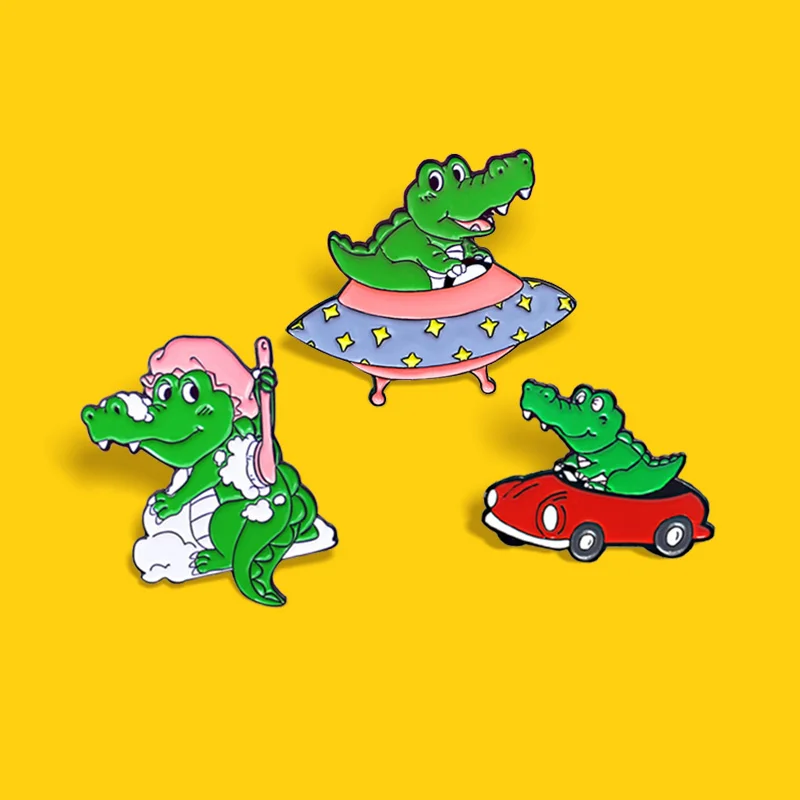 

Crocodile Driver Enamel Pin Crocodile alien UFO Small Red Car take a shower Brooch Backpack Funny Animal Jewelry Gift Wholesale