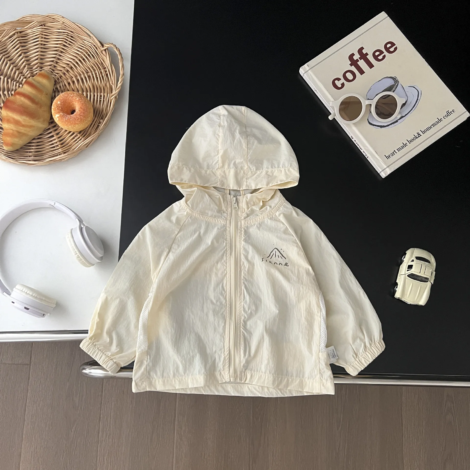 2024 여름 아동복 여아 가디건 후드 긴 소매 자외선 차단 코트, 통기성 소년 스포츠 재킷, 키즈 프린트 코튼 탑