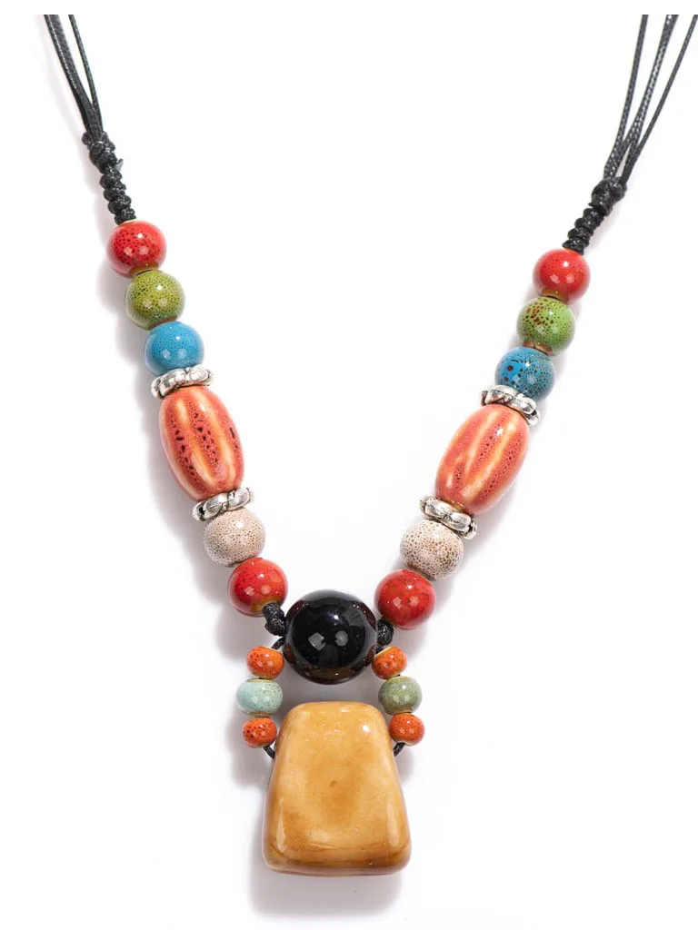 Collana Lunga A Y In Ceramica Stile Bohémien – Perline Colorate Artigianali, Cordino Regolabile Marrone, Gioiello Etnico Per Donna