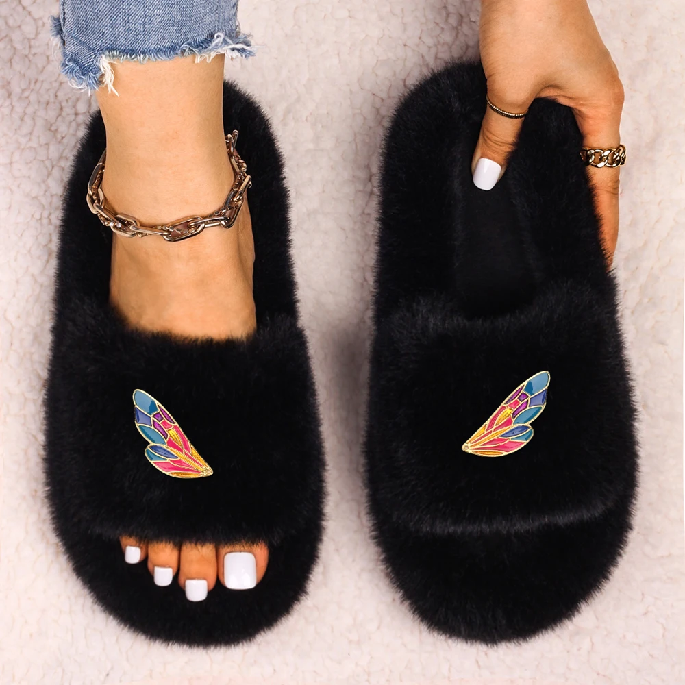 Slippers Women Fluffy Slides Colorful Wings Decor Luxury Designer Sandals Ladies Faux Fur Flip Flops Flat Slippers Furry Shoes