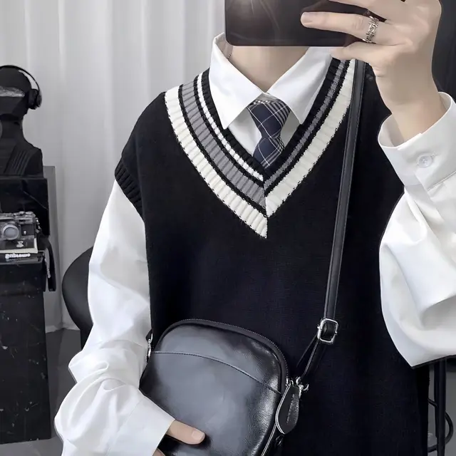 Sweater Vest Men V-neck Loose All-match Contrast Korean Style Colleges Popular Spring New Soft Fashion Knitted Design A27 2