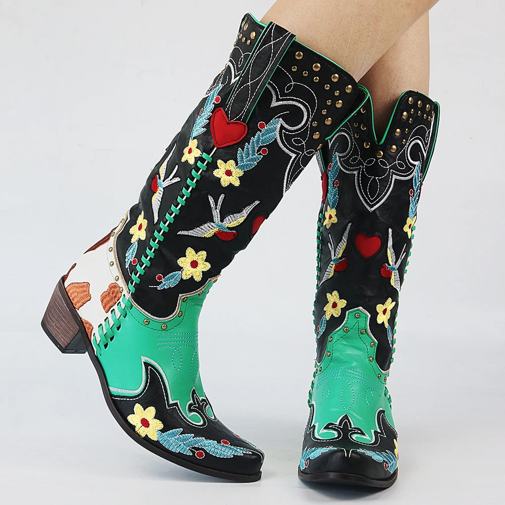 DoraTasia Fashion Boots Women 2022 Square High Heels Low Embroider Mid-calf Boots Female Pointed-toe Mix Colors Shoes Lady Boots