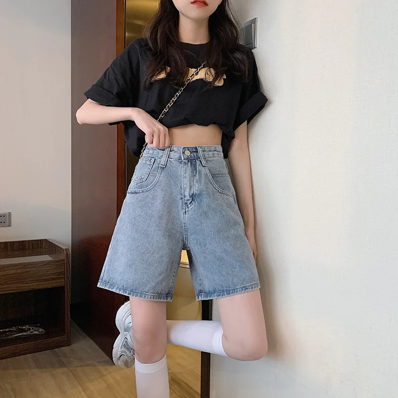 Summer Women Fashion Light Blue Wide-Leg Hot Shorts White Plus Size Casual Straight Jeans High Waist Slim A-Line Denim Shorts