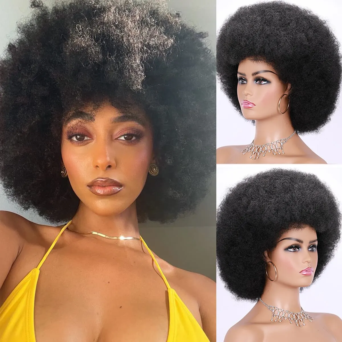 High Puff Afro Wig Curto Kinky Curly Wig Com Bangs Preto Natural Ombre