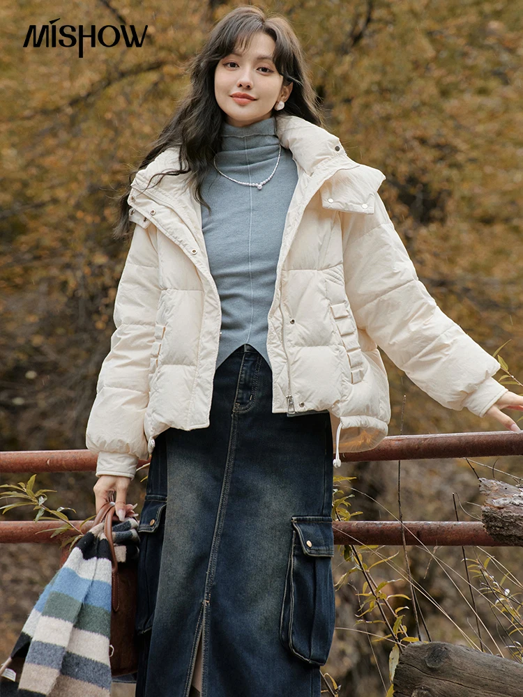 MISHOW 2023 Women's Winter Hoodie Down Jacket Loose Cropped 90 White Duck Down Coat Female Thick Warm Puffer Jacket MXC52Y0004