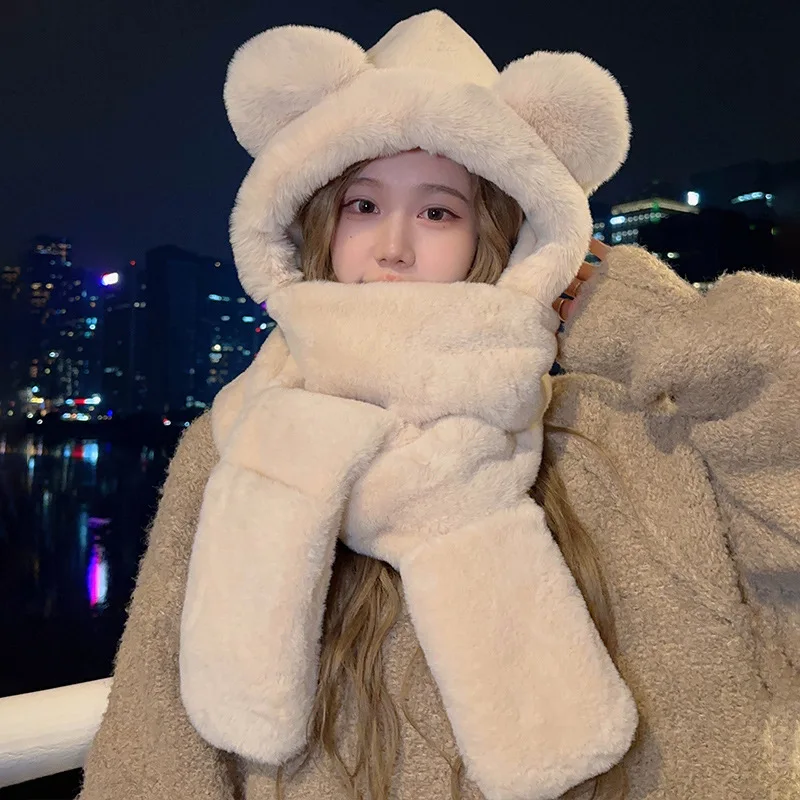 3PCSBear Hat Autumn and Winter Women Scarf Gloves one Winter Bib Cartoon Cute Warm Plush Winter Three-Piece Set 4