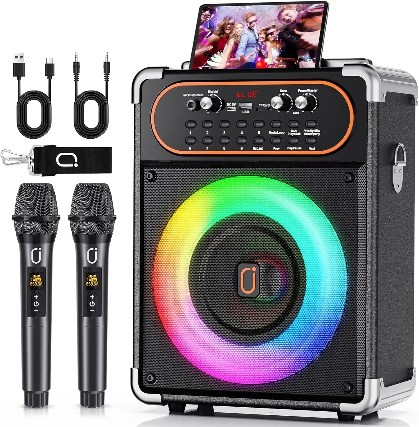 S68 Kara Ok with 2 Microphones, Portable Bluetooth 5.3 Kara Ok Speaker, Suitable for Outdoor Activities, Parties and Parties, Pa Systems, Adult Echo Adjustment, Supports Tv through Auxiliary Connection