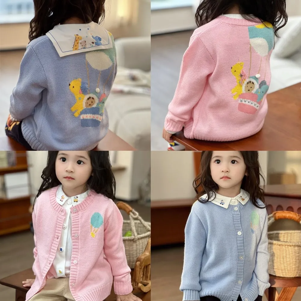 

Boys and girls' pink and blue sweet knitted sweater jackets kids coat Cartoon hot air balloon pattern knitted cardigan 50% wool