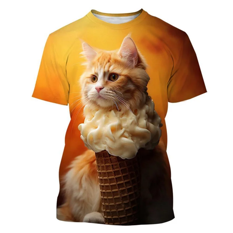 

3D Printing Ice Cream Ginger Cat T-shirt Men Hot Sale Cute Animal Cool Short-sleeved Women T Shirts Summer Loose Street Tees