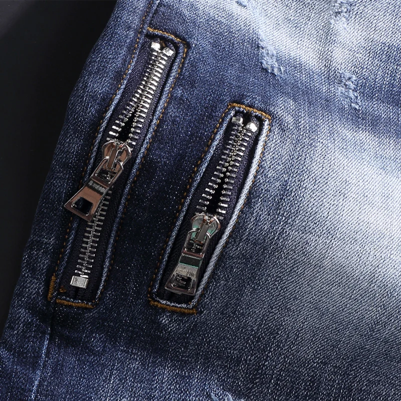 Street Fashion Men Jeans Retro Blue Zipper Designer Slim Ripped Jeans Men Wrinkle Patched Designer Hip Hop Brand Pants Hombre