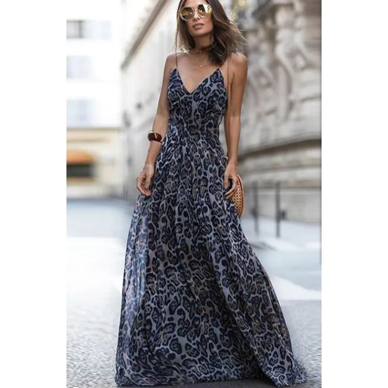 

2024 Spring Summer New Women's Clothing Solid Color Leopard Print V-neck Sling Long Dress Loose Sexy High Waist