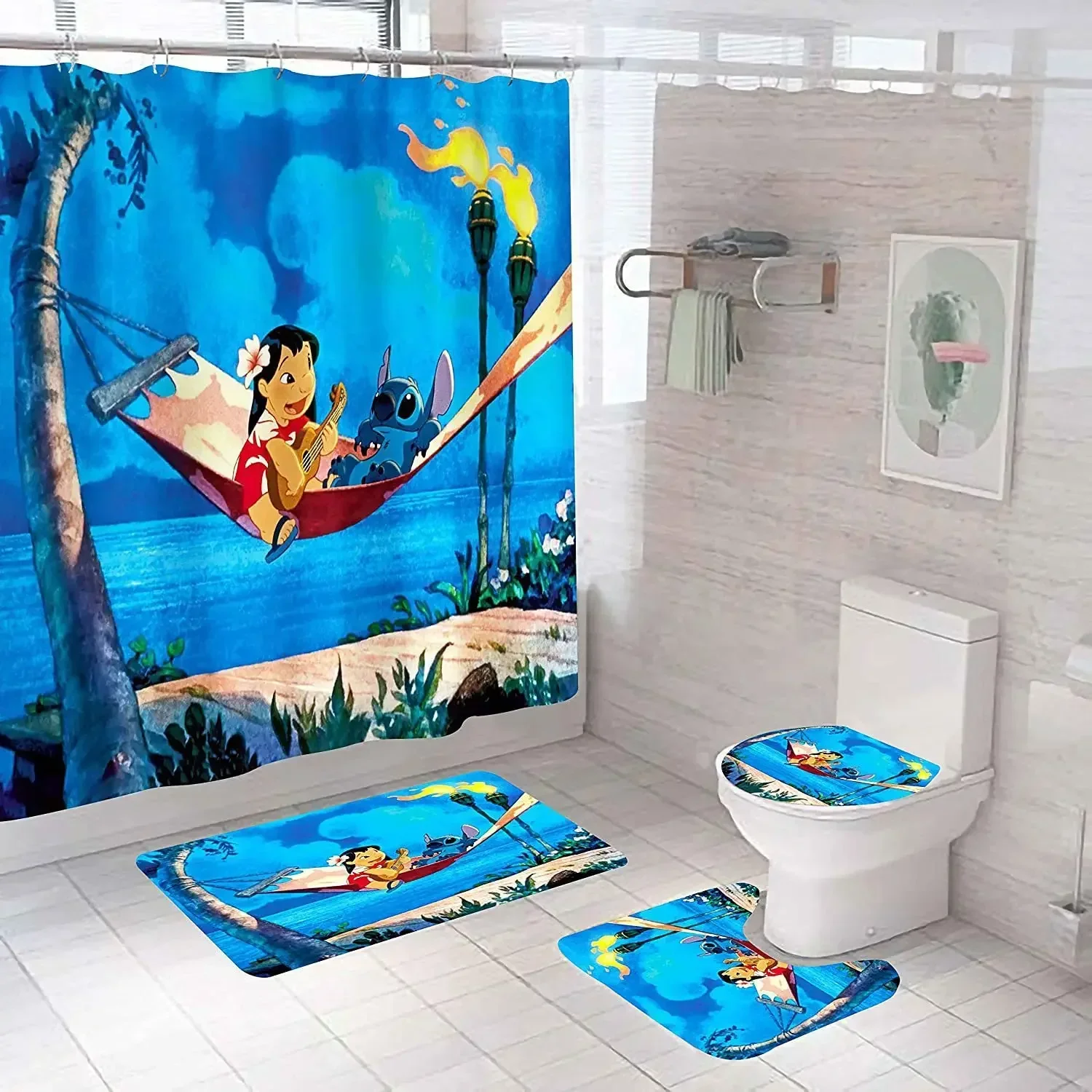 

Disney Lilo Stitch Bathroom Shower Curtain Waterproof Curtains in The Bathroom with Hook Set Soft Bath Mat Toilet Carpet Rugs