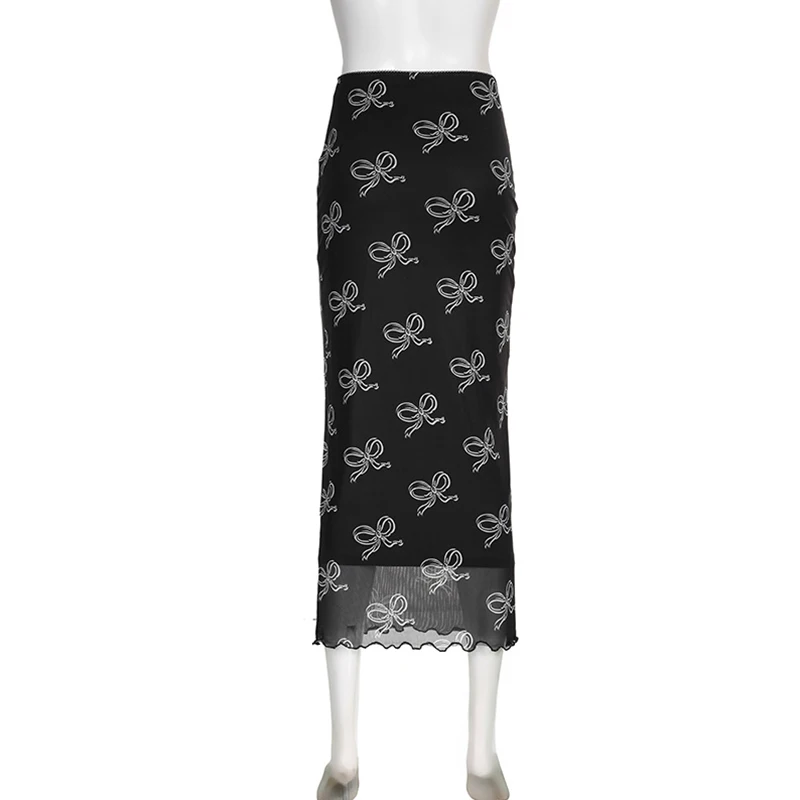 Falda Y2K Fairycore para mujer, con estampado de lazo y ribete de encaje, de cintura baja, de malla, ajustada, estilo grunge de los años 2000, para fiestas y ropa de calle.