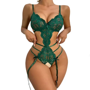Body senza cuciture in pizzo Babydoll aperto Pigiama aperto Reggiseno aperto a V profondo Set giarrettiera senza cavallo Lingerie trasparente per donna calda