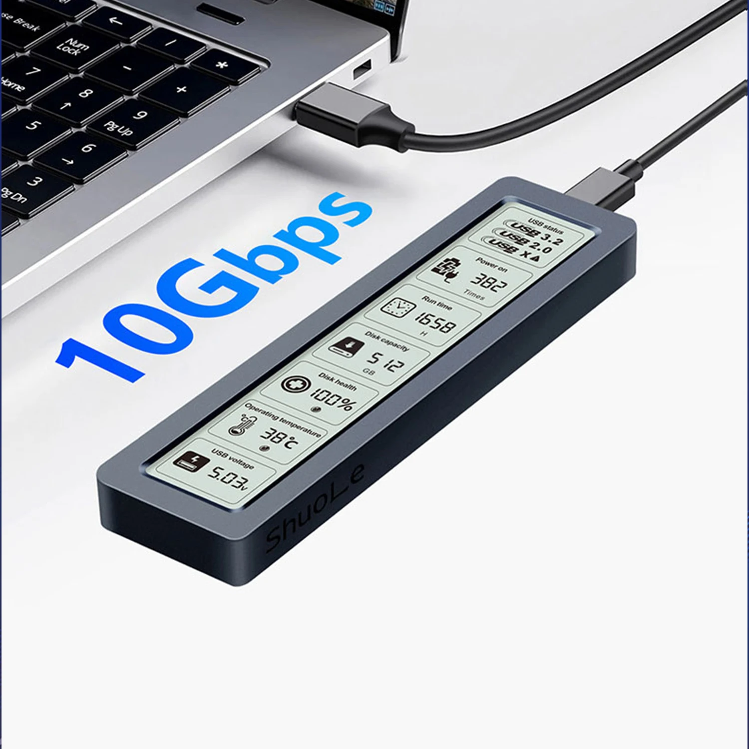 지능형 디지털 하드 드라이브 박스, 디스플레이 화면이 있는 외부 쉘, 솔리드 스테이트, NGFF, NVMe, 10Gbps 프로토콜, 대형 화면