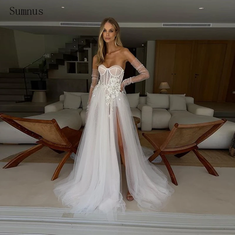 

Sumnus Boho Tulle Wedding Dress Lace Appliques High Slit Pleat Floor Length Strapless Vestidos De Novia Robe De Mariée 2023