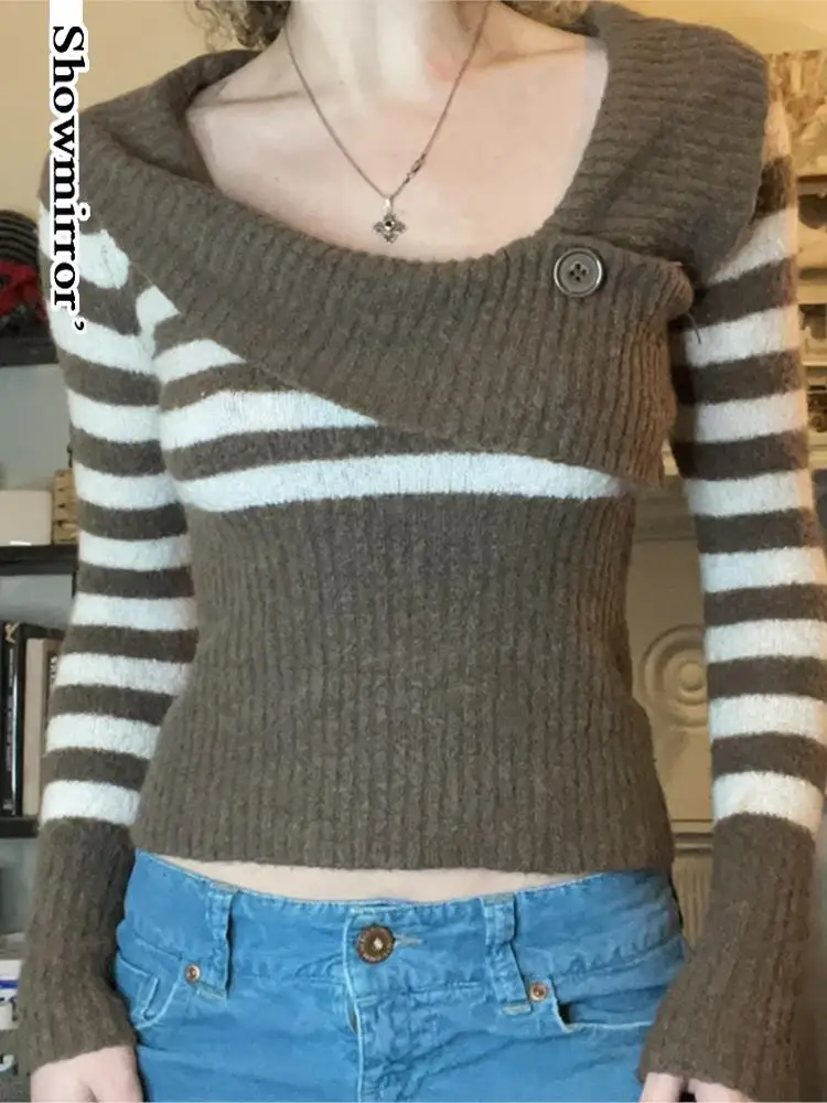 

elegant Vintage Brown Women Striped Sweater winter clothes Fitted V Neck Long Sleeve Pullovers Knitwear Y2K Vintage top cropped