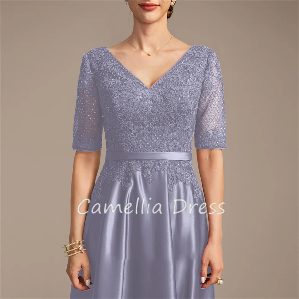 V-Neck Mother Of The Bride Dress Floor-Length Lace Satin A Line With Sequins Formal Dresses Vestidos Mae Da Noiva Casamentos mother bride dresses