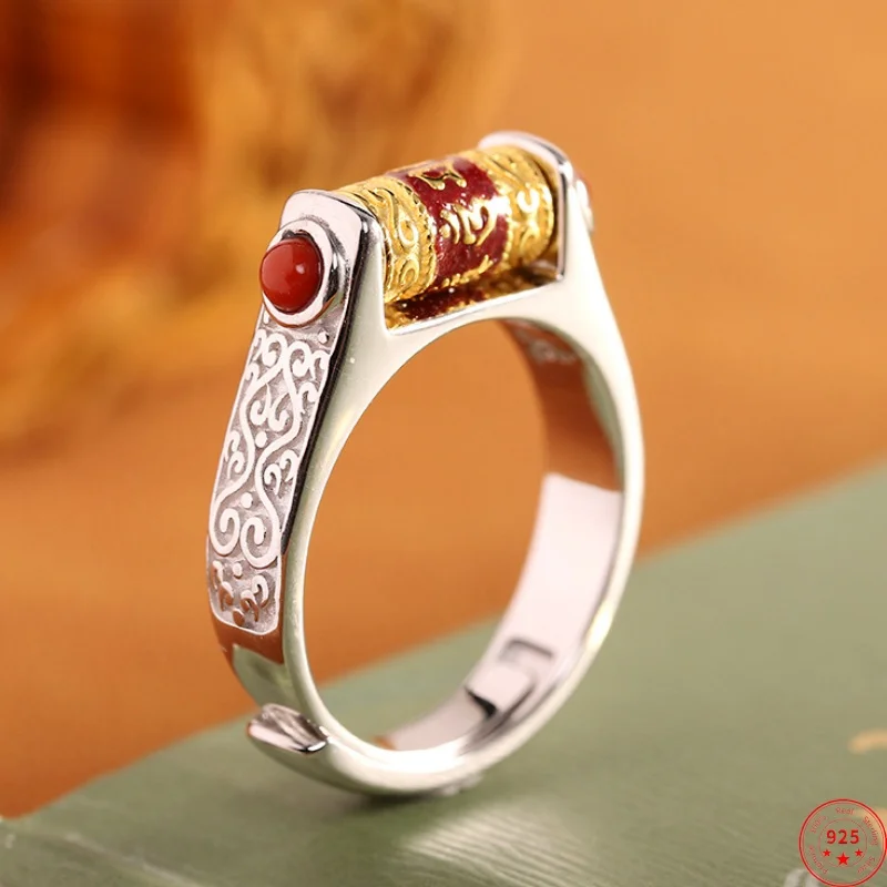 

S925 Sterling Silver Rings for Women Men New Fashion Rotatable Enamel Six Character Mantra Gold Plated Red Agate Free Shipping