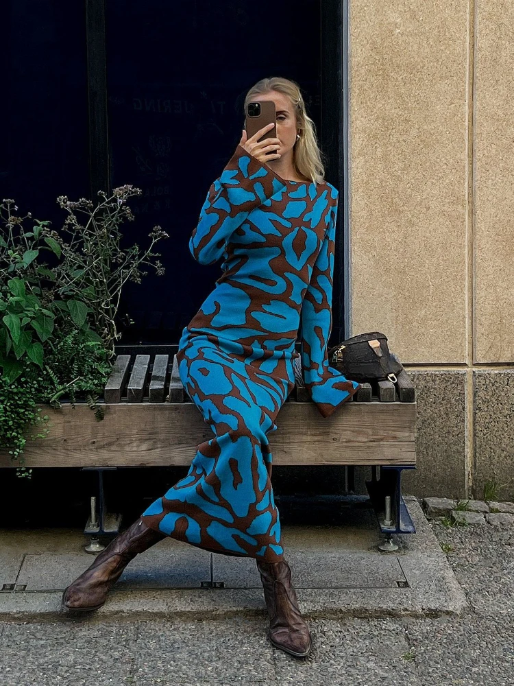 

Mingmingxi Women Knitted Maxi Jacquard Dress Elegant O-neck Long Sleeve Bodycon Dress 2023 Autumn Female Streetwear Party Robe
