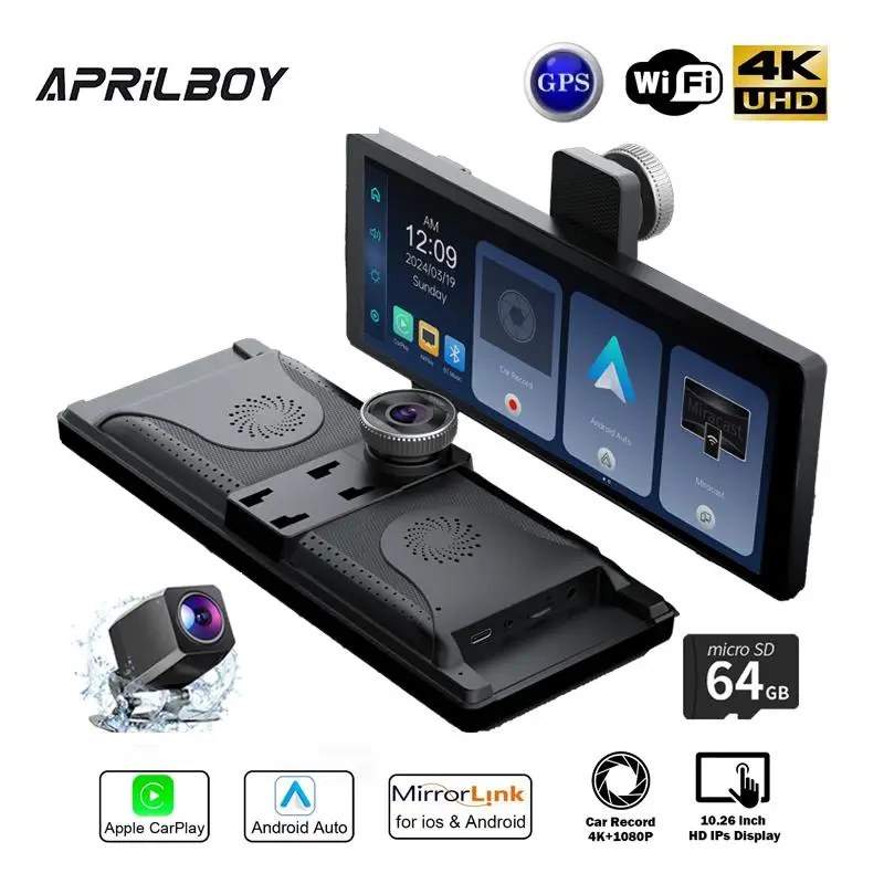 Aprilboy 10.26 inch 4K Dash Cam Carplay Android Auto Car Radio Multimedia Player Portable Recorder Car Stereo Touchscreen Car