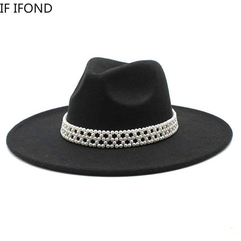 red fedora hat Fedoras Hats For Women French Pearl Elegant Felt Jazz Hats 9.5CM Wide Brim Trilby Formal Party Cap Wedding Dress Hat fedoras