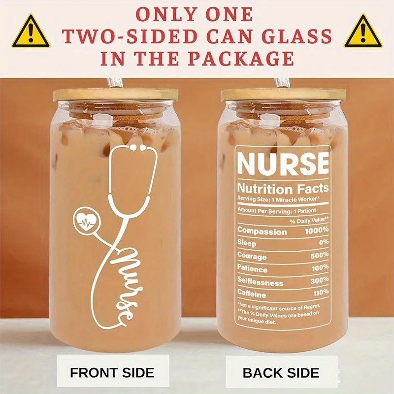 1 pc, a nurse gift for women-Nurse Week gift 16 ounce canned glass (with straw and straw cleaning brush included)
