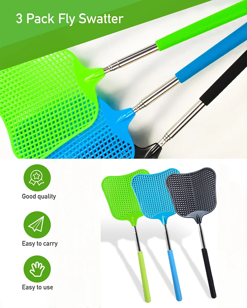 Telescopic  Fly Swatter Plastic Large Bug Swatter That Work with Stainless Steel Extendable Handles for Indoor and Outdoor
