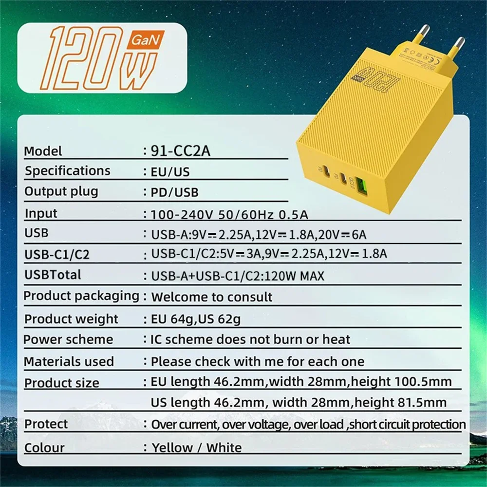 GaN Charger 120W USB Type C Fast Charging PD GaN Charger Mobile Phone Quick Charge Wall Adapter for Oneplus IPhone 16 Pro Xiaomi