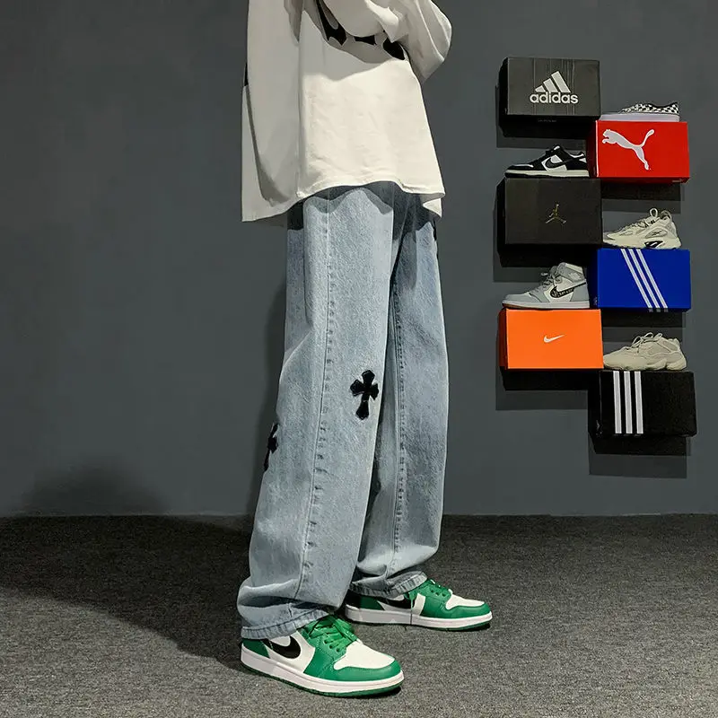 New cross print jeans for men American High street vibe trend all-in-one straight pants 2