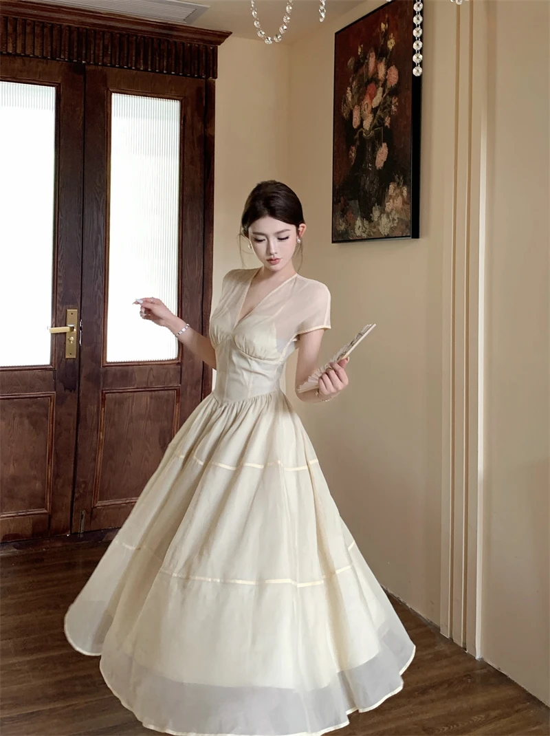 Elegant Long Dresses for Women V-neck A-line Birthday Party Dress French Casual High Waist Summer New Prom Retro Vestidos Mujer