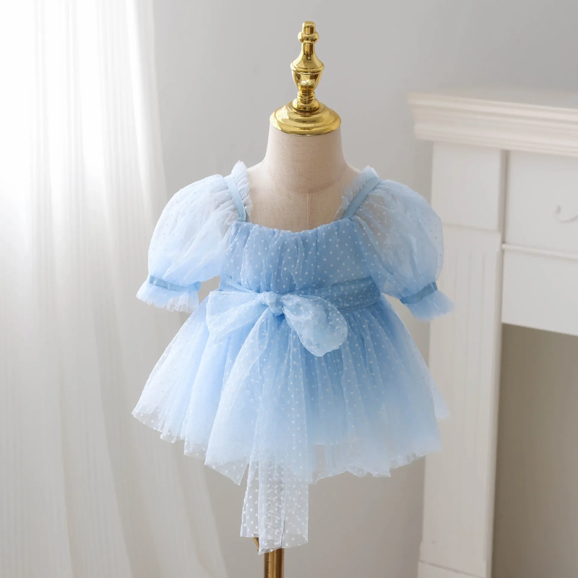 Sweet Princess Dress For Girls Baby Cotton Puff Sleeve Dress Summer Mesh Waist Tressel Baby Shoes And Accessories