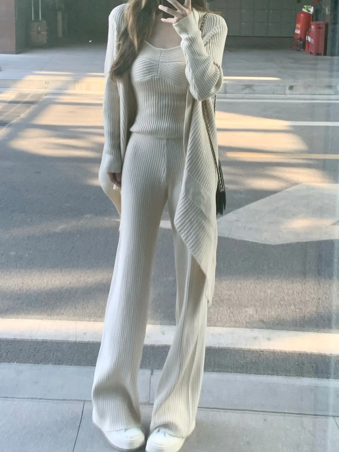 Conjunto de 3 piezas de punto liso para otoño e invierno, camiseta sin mangas para mujer, pantalones largos, cárdigan, suéter, jersey, moda coreana, conjuntos casuales, nuevo