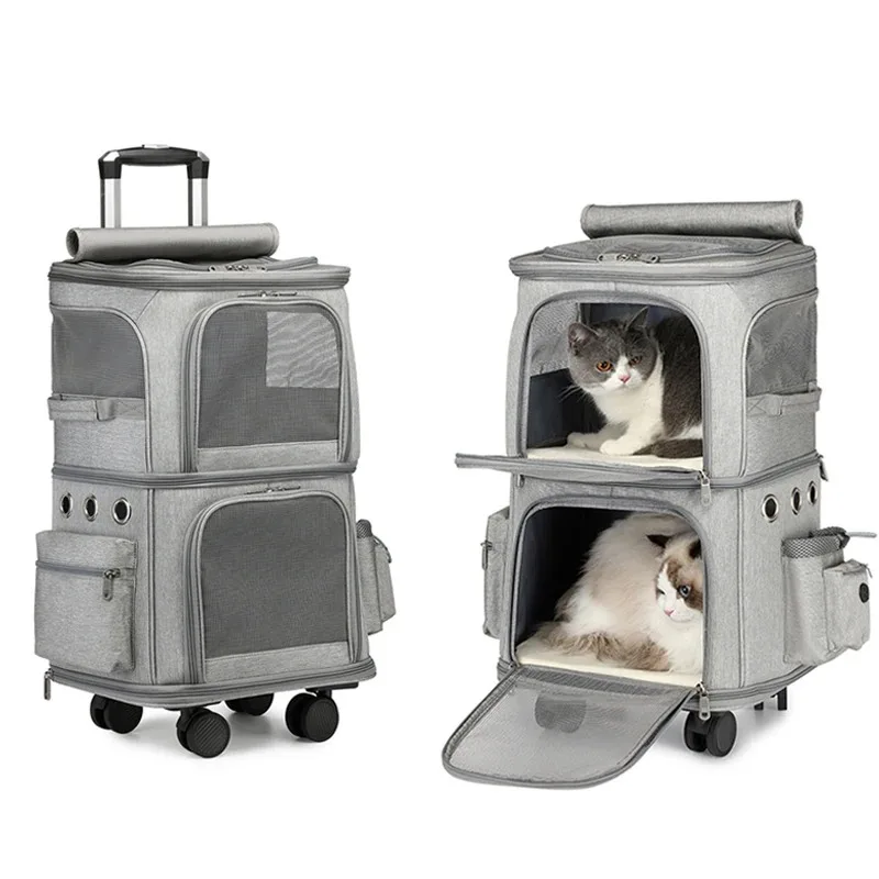 Pet Cat Backpack Double layer Pet Trolley Bag Can Hold Two Cat