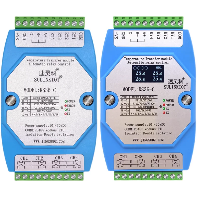 

4-way PT100 temperature transmitter K thermocouple acquisition module, four relays output temperature control alarm RS36-C