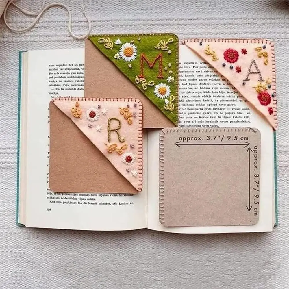 New Design Hand Embroidered Corner Bookmark Cute Flower Letter Embroidery Bookmarks Stitched Felt Corner Bookmark Book Clip
