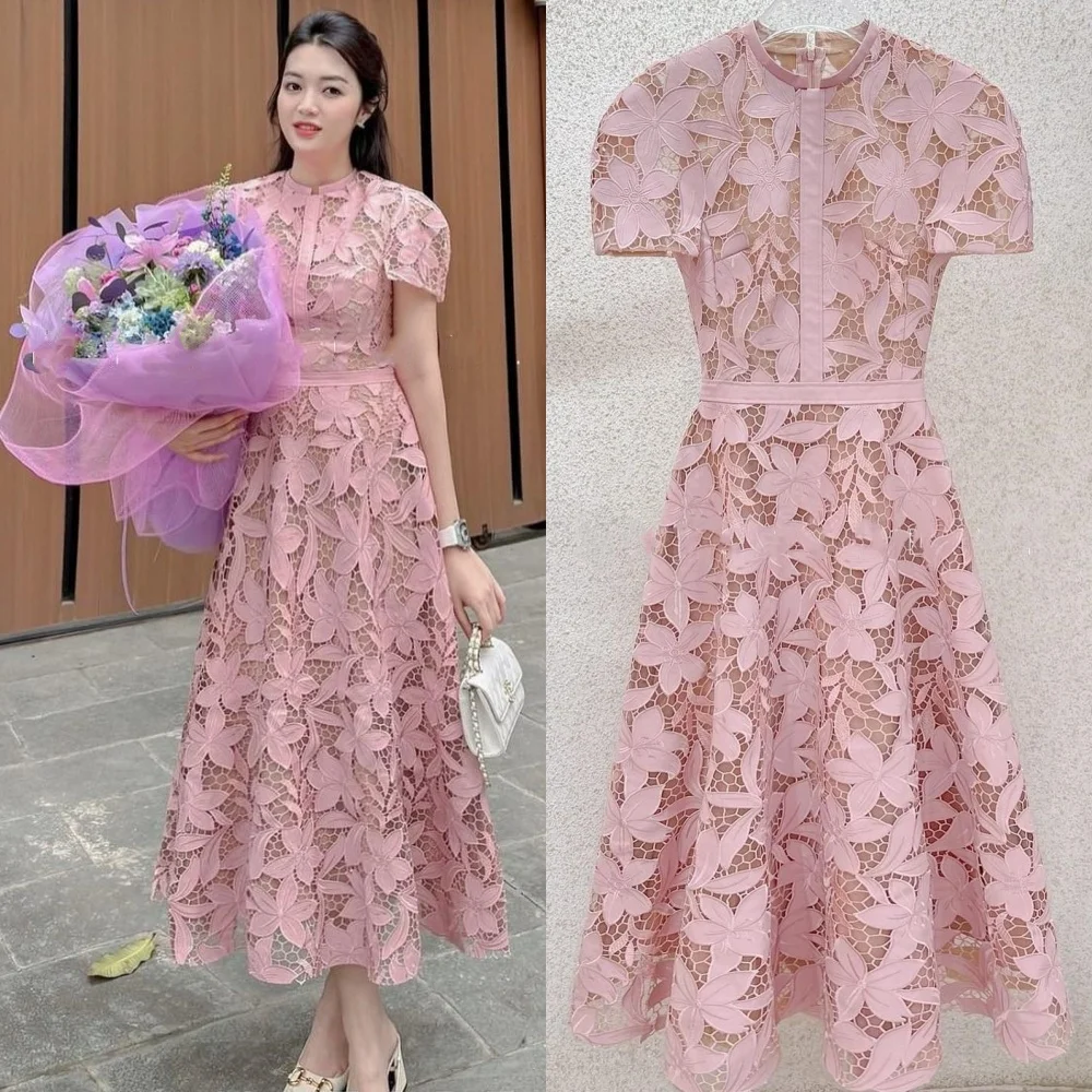 

Lace Flower Ruched Homecoming A-line High Collar Bespoke Occasion Gown Midi Dresses